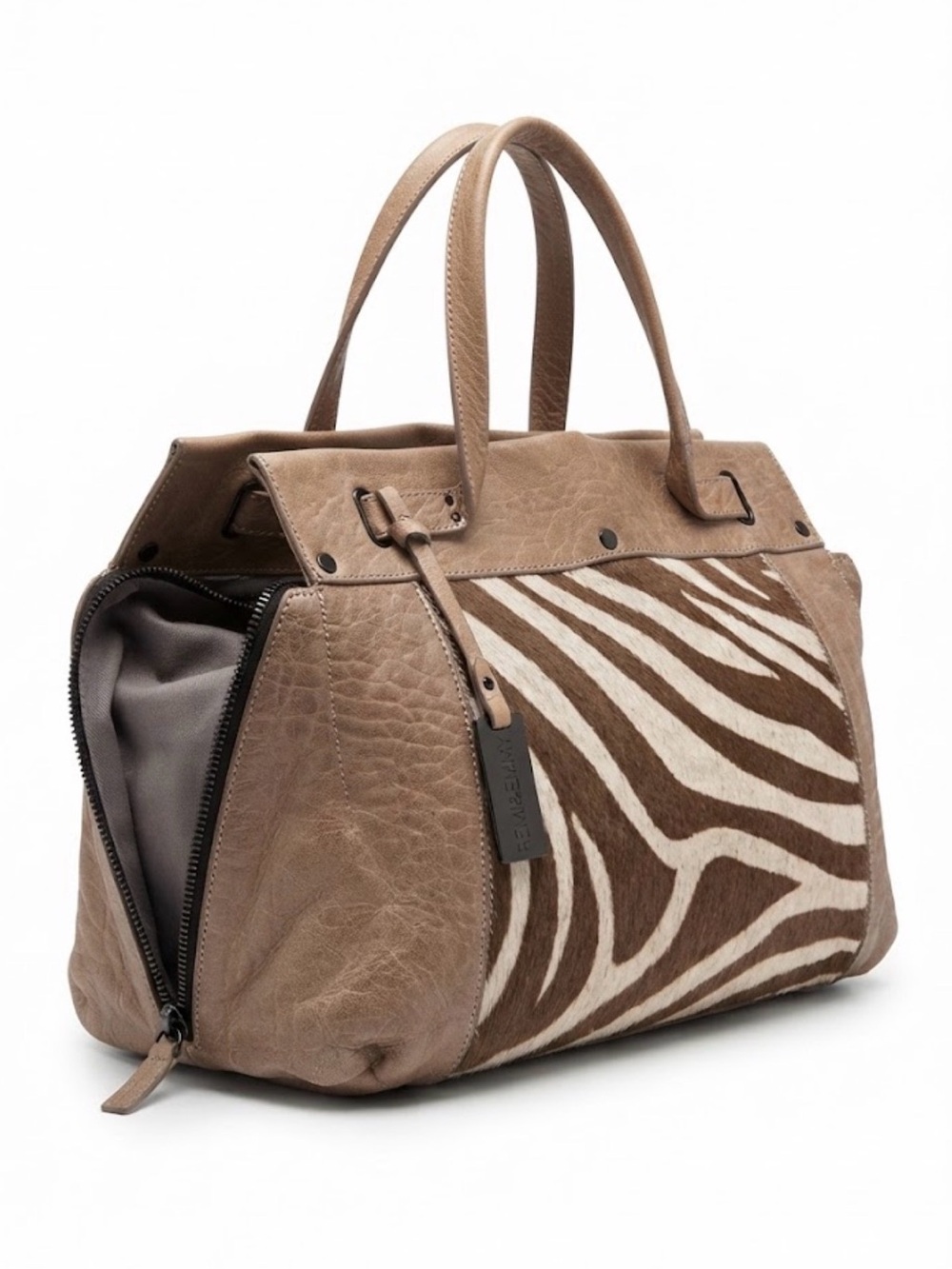 Remi & Emmy Taupe Leather & Zebra Calf Hair Tote Shoulder Bag
